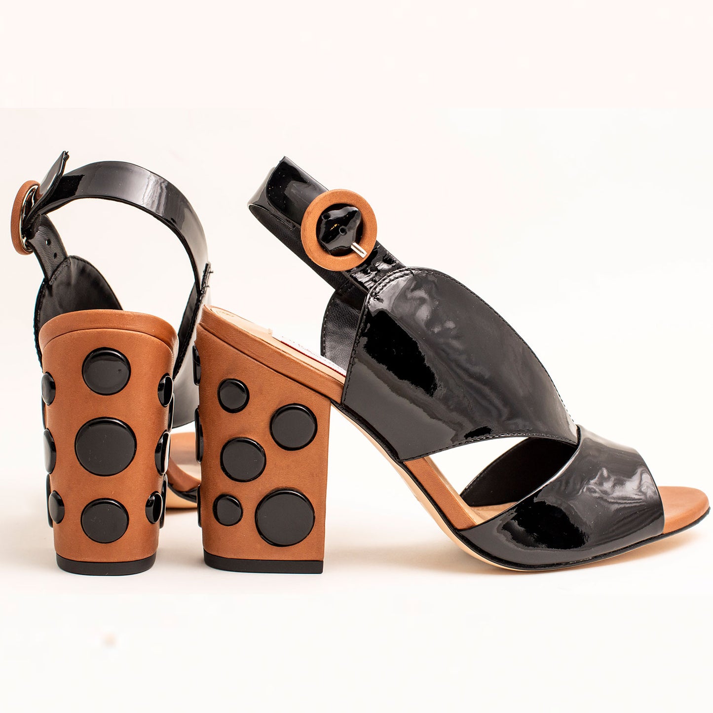 OPEN TOE BLOCK HEELS, COLOR BLACK BEIGE