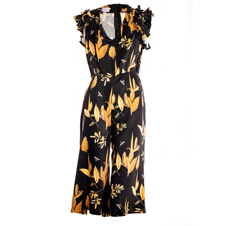 BLACK  GOLD SHORT JUMPSUIT WITH FRILL CUFF