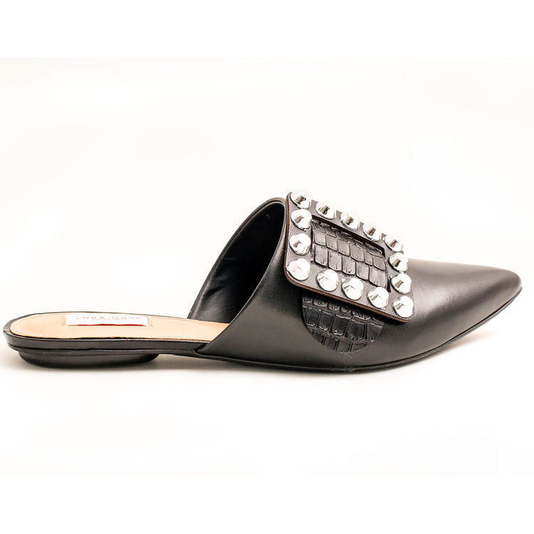 Spike stud slide sandals, COLOR BLACK