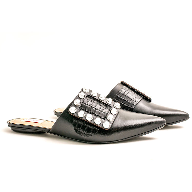 Spike stud slide sandals, COLOR BLACK