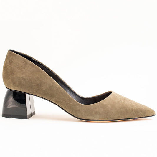 Low Block heeled pump in Faux Suede, Color Olive Green